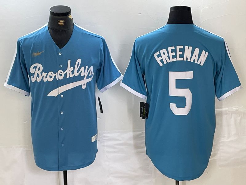 Men Los Angeles Dodgers #5 Freeman Light blue Throwback 2024 Nike MLB Jersey style 1->los angeles dodgers->MLB Jersey